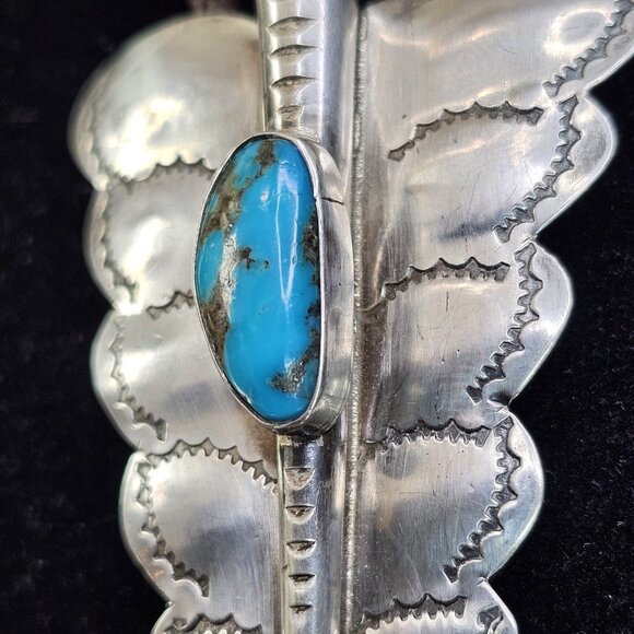 Navajo Turquoise Sterling Silver Bolo Tie Large Butterfly Signed HW. USA - Picture 4 of 12